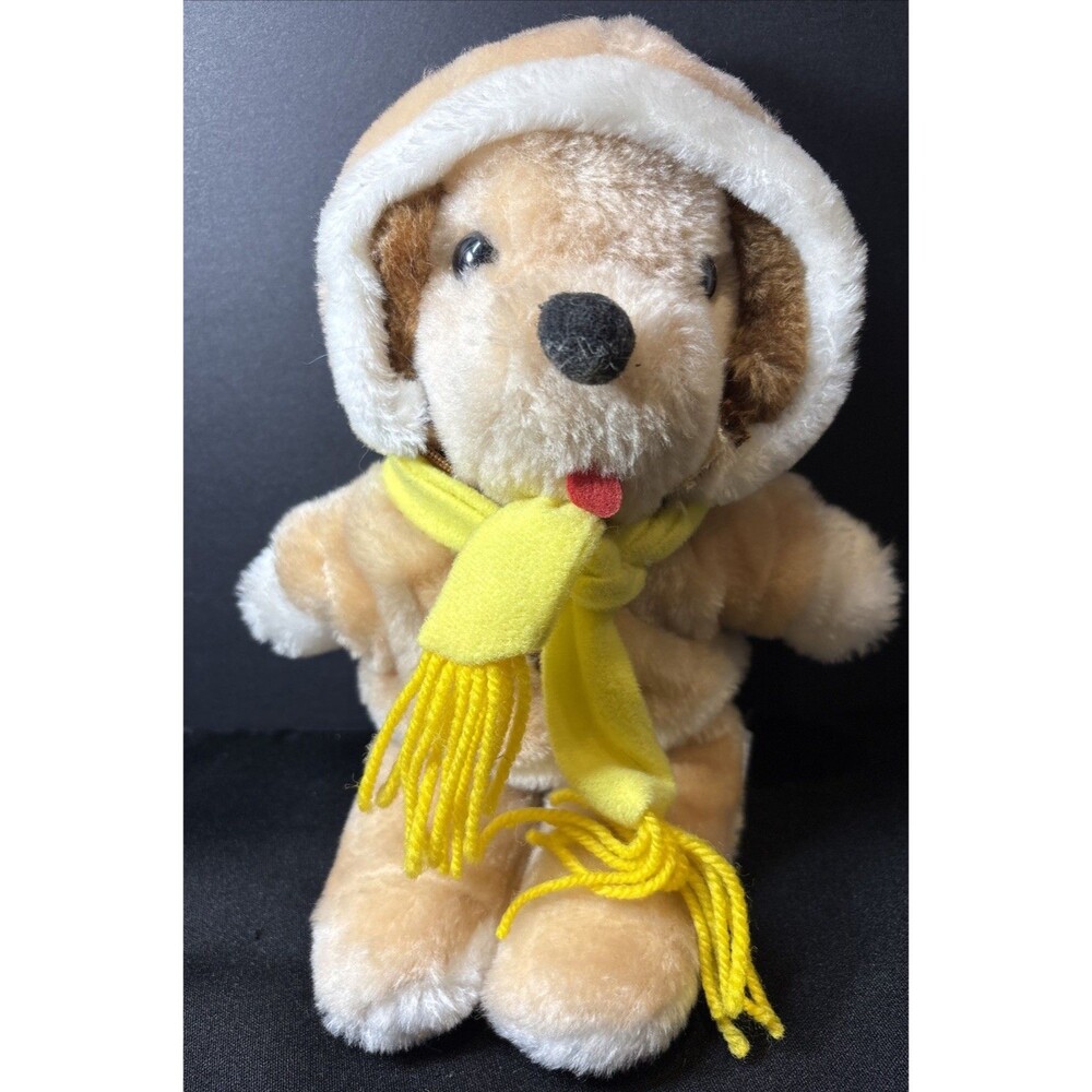 Vintage 1983 Interpur Avon Retired 12” Brown Dog Plush Tan Hoodie & Yellow Scarf